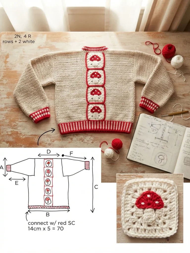 Cardigan au crochet crème avec des bordures rouges et des carrés à champignon, accompagné d’un croquis de mesures et d’un gros plan sur un carré.