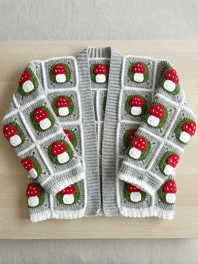 Cardigan crocheté gris orné de carrés à motifs de champignons rouges, posé à plat.