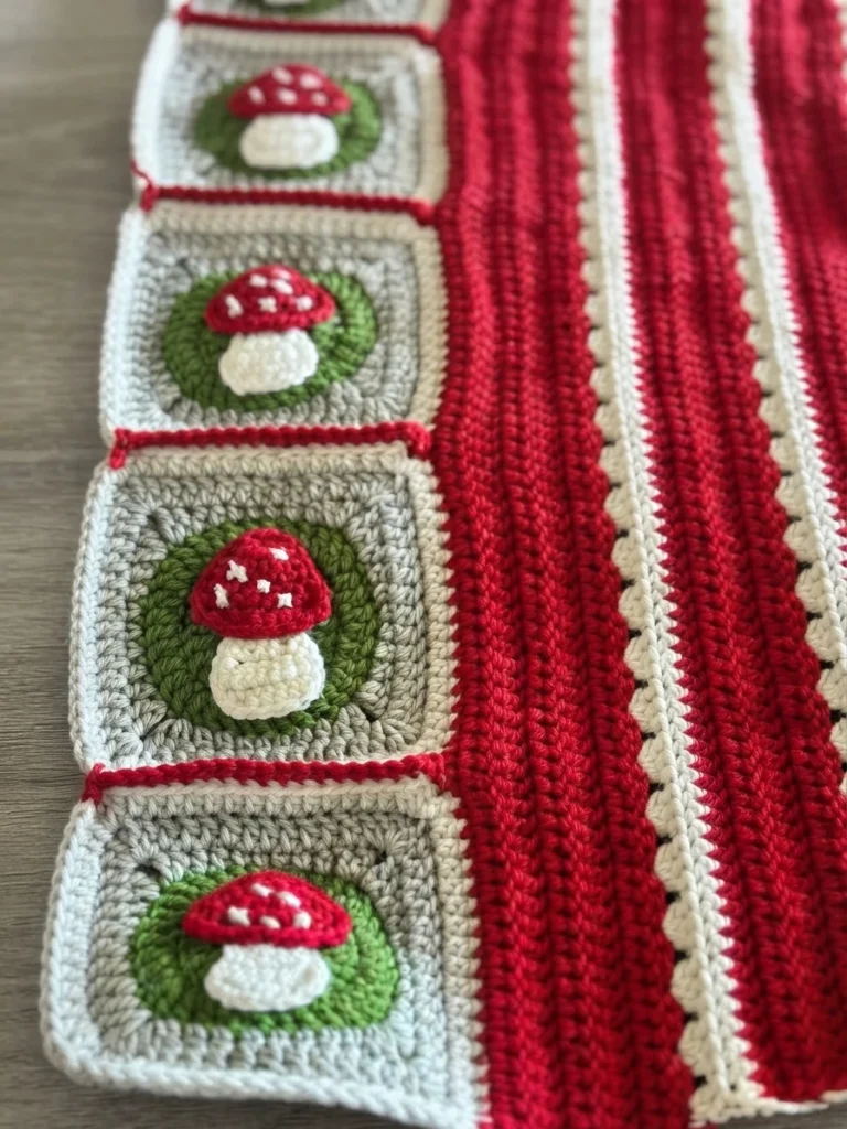 Close-up of a crochet cardigan panel with red and cream stripes beside gray granny squares featuring red-and-white mushrooms on green centers.
