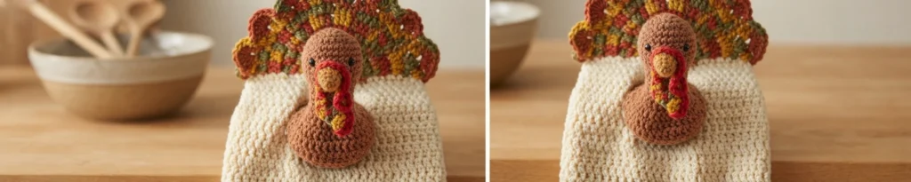 Two views of a crocheted turkey towel topper hanging on a white towel, with a brown head, colorful tail feathers, and a red wattle.
