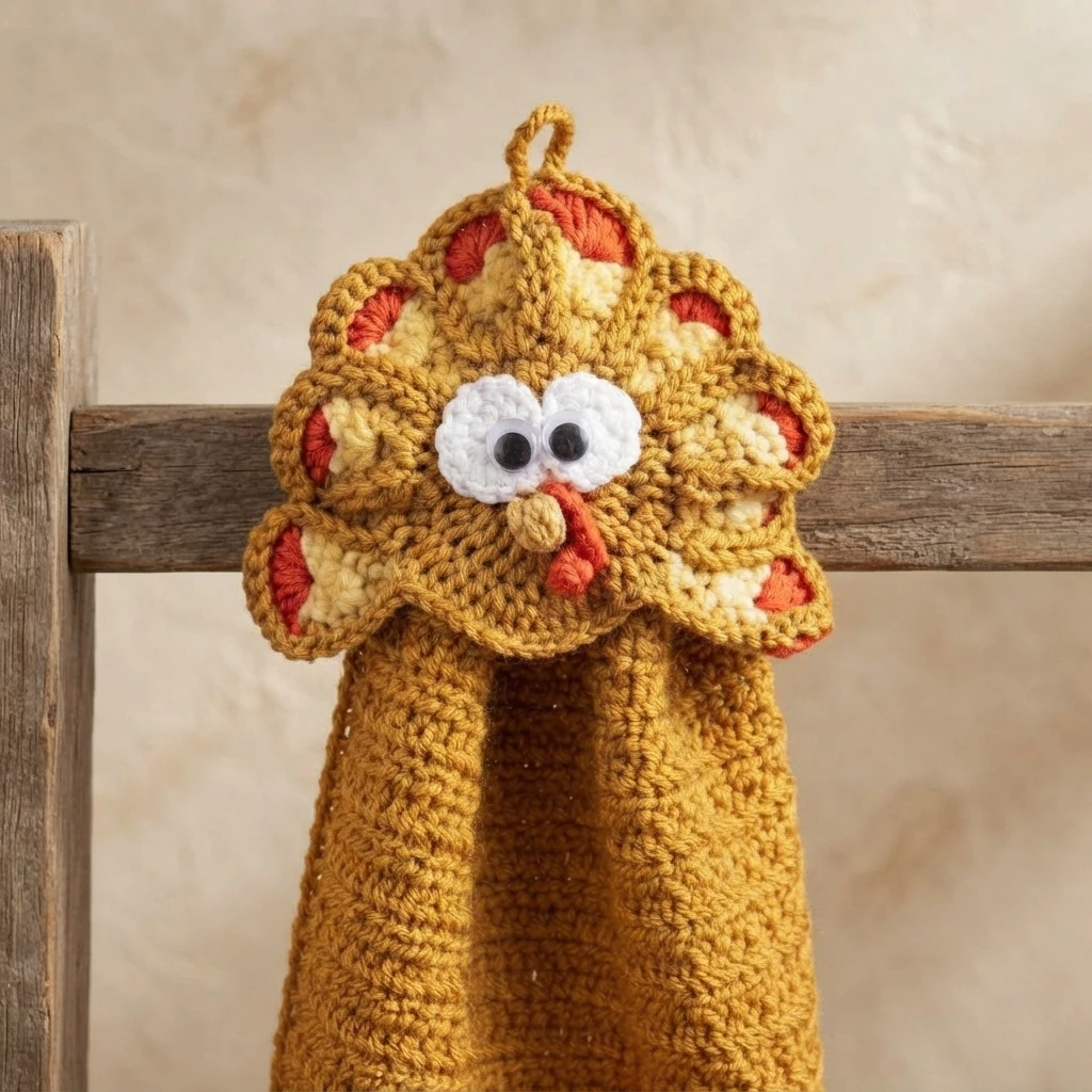 A golden crocheted kitchen towel hangs from a wooden rail, topped with a turkey face and scalloped cream and orange feathers.