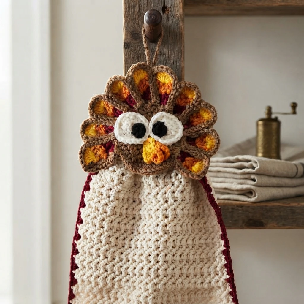 Serviette crochetée crème avec bordure bordeaux et tête de dinde aux yeux blancs et noirs, suspendue à un crochet en bois.