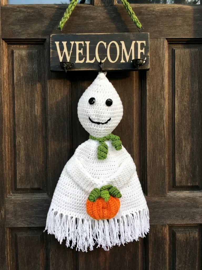 White crocheted ghost with black button eyes and a stitched smile, wearing a green scarf and holding a small orange crocheted pumpkin, hanging by a green cord from a dark WELCOME sign on a wooden door, with white fringe along the bottom.