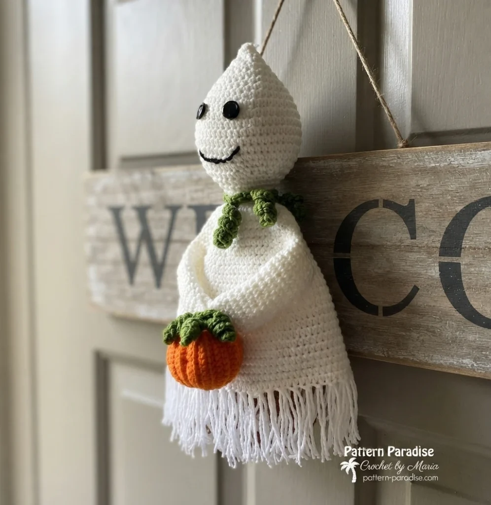Crocheted white ghost with black button eyes and a stitched smile, wearing a green scarf and holding a small orange crocheted pumpkin with green leaves, finished with a white fringe hem, hanging by a thin string in front of a light door and