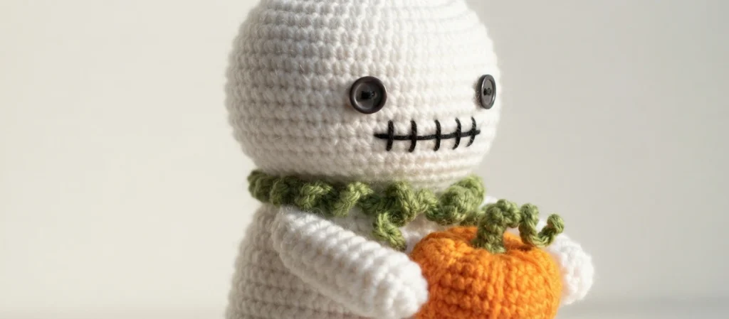 Crocheted white ghost with dark button eyes and a black stitched mouth, wearing a green crocheted scarf and holding a small orange crocheted pumpkin with green leaves, photographed close up against a plain light background.