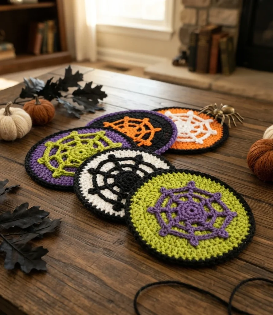 Cinq dessous de verre au crochet ronds, décorés de toiles d’araignée colorées, sont disposés sur une table en bois avec des citrouilles, des feuilles et une araignée décorative.
