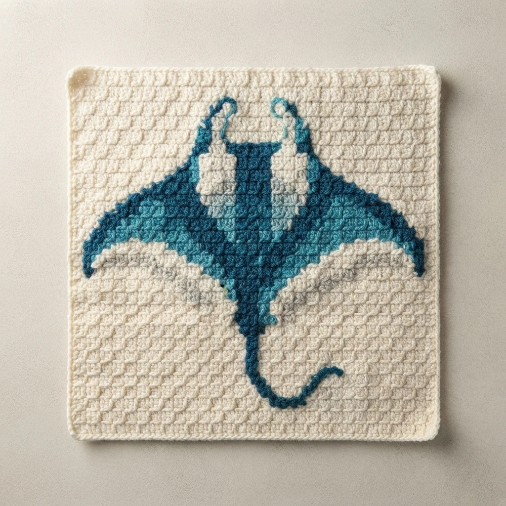 Finished crochet C2C square in cream with a pixel-style manta ray motif in teal and light blue, photographed flat on a pale surface.