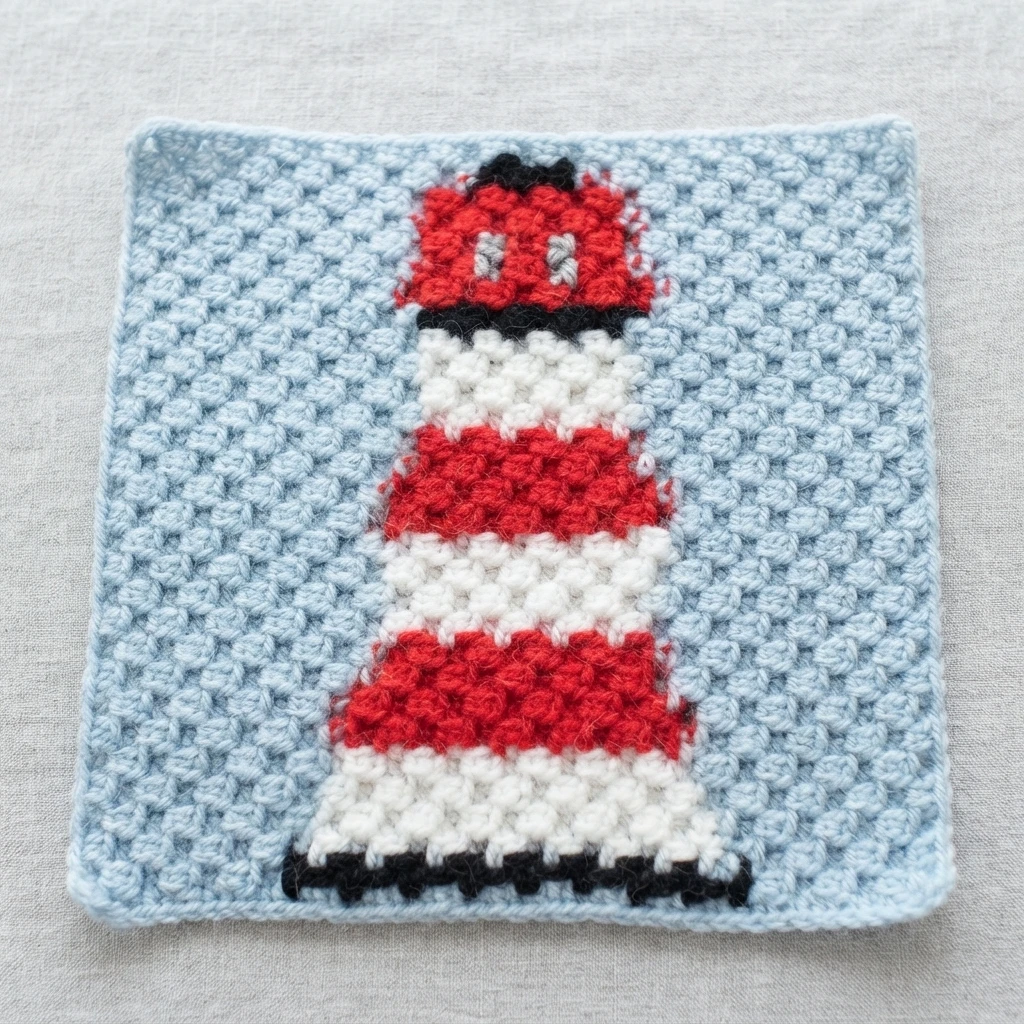 A red and white striped lighthouse crochet block centered on a light blue square.