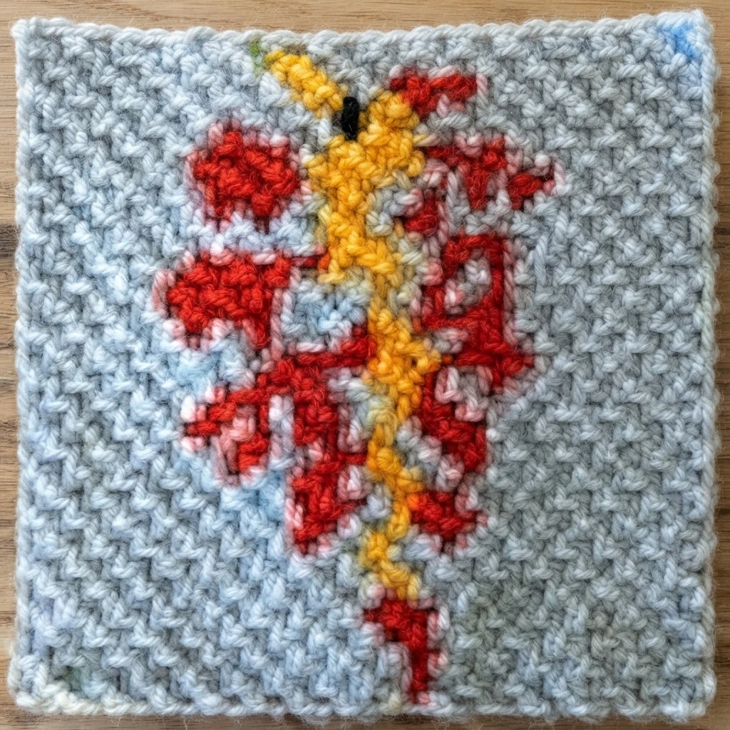 C2C crochet square with a red and yellow leafy seahorse-like motif on a gray background, resting on a wooden surface