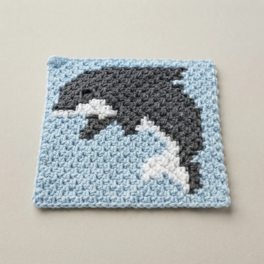 Crocheted square with a light blue background and a gray manta ray motif with white markings.