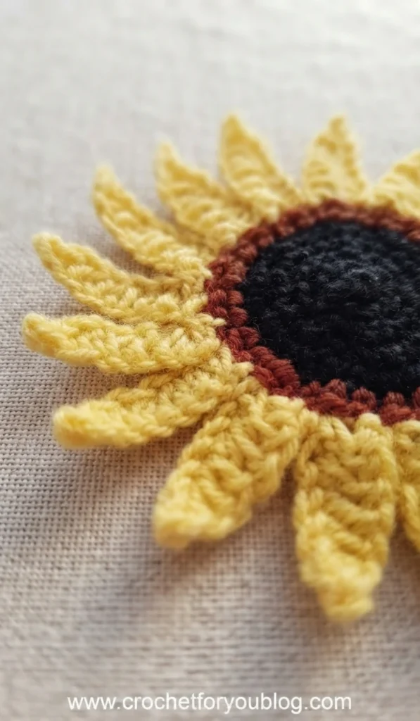 Close-up angled view of a finished crochet sunflower with a black center, a rust colored ring and golden yellow petals on light fabric