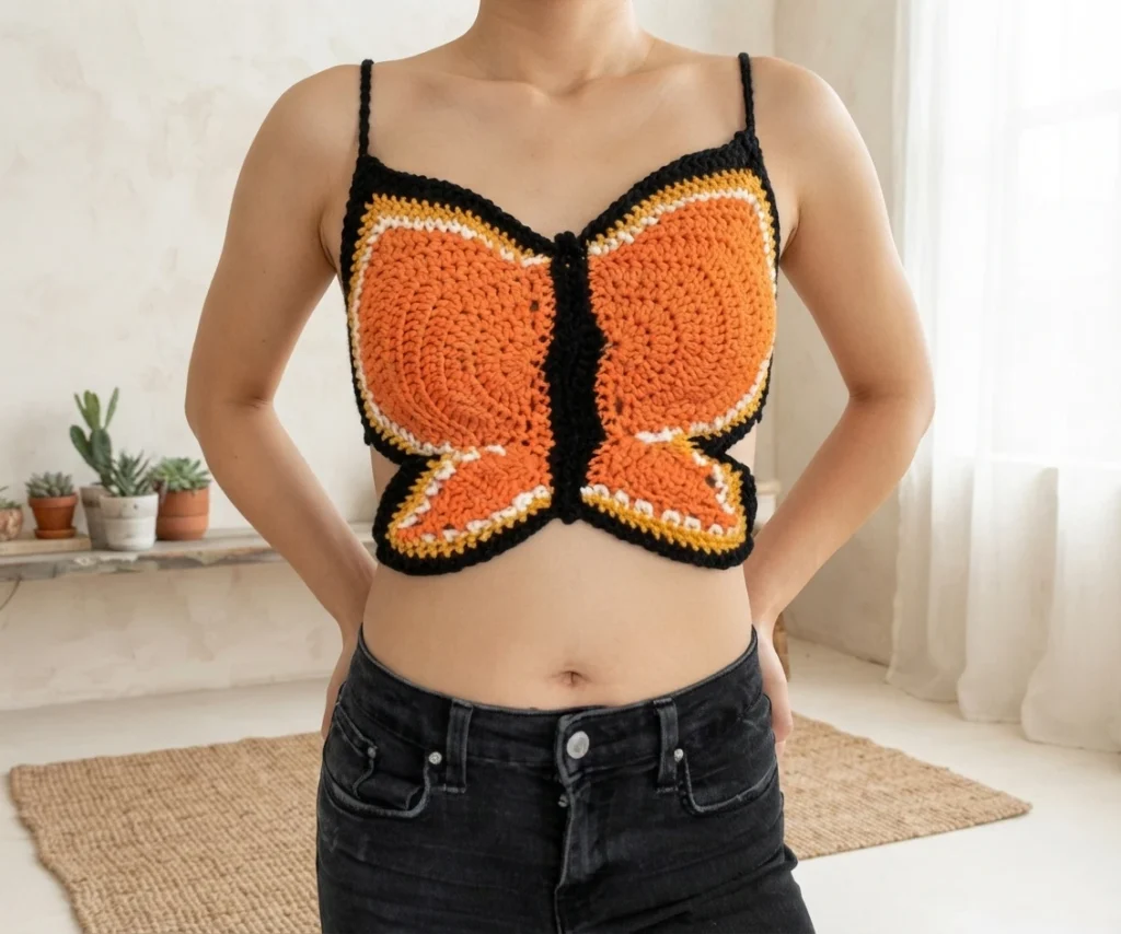 A person models an orange, white, and black butterfly-shaped crochet crop top with thin black straps and dark jeans.