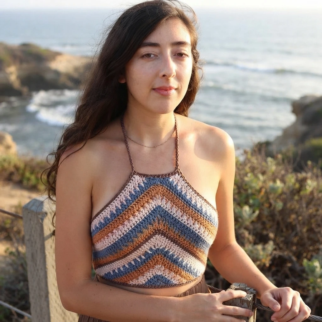 A woman models a striped crochet halter top with chevron bands in blue, pale pink, and ochre beside the coast.
