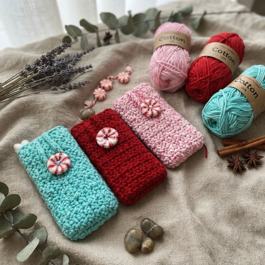 Three crocheted rectangular cases in turquoise, red, and pink, each decorated with a peppermint-style button, arranged beside matching yarn.