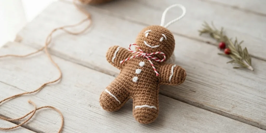 A crocheted gingerbread figure with white icing details and a red-and-white cord bow on a wooden surface.