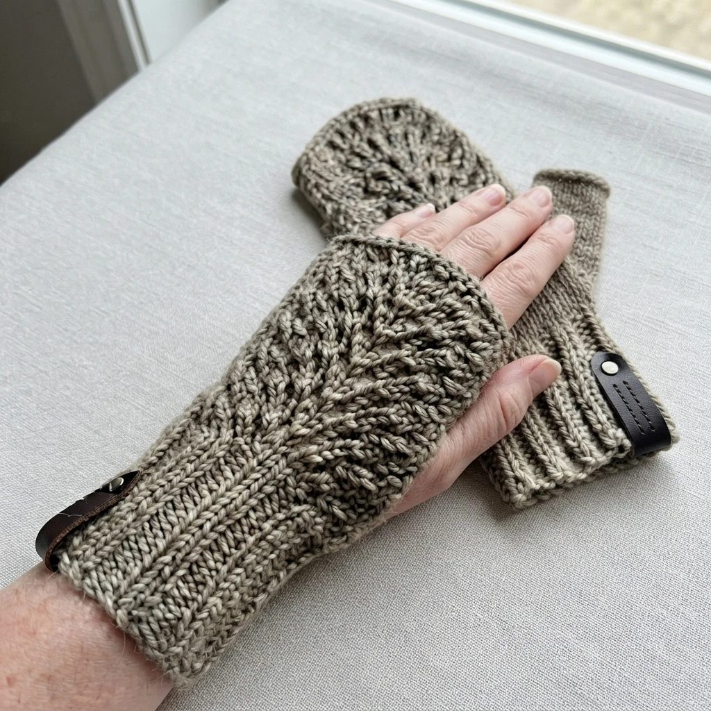Une main porte une mitaine sans doigts au crochet taupe, avec une seconde mitaine posée derrière sur un tissu clair.