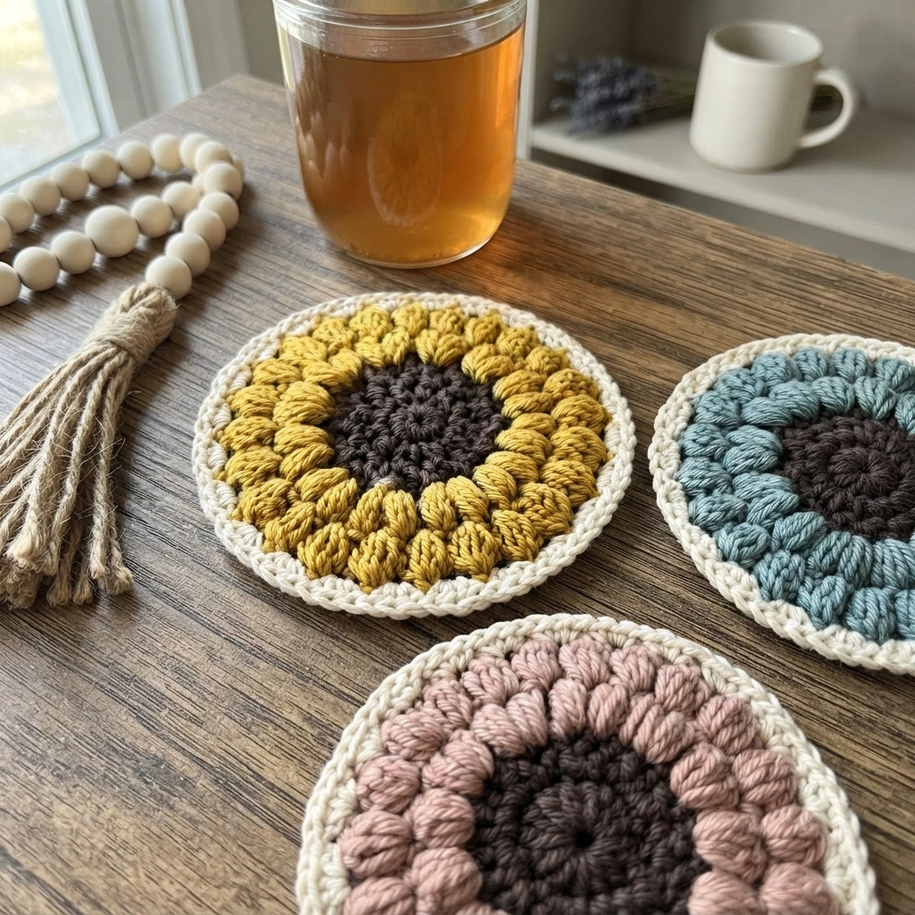 Crocheted round coasters in yellow, blue, and pink with dark centers and cream borders on a wooden table beside a jar of tea.