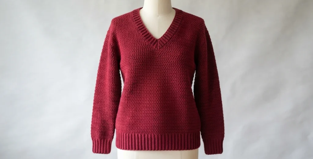 Red crochet V-neck sweater with ribbed hem and cuffs displayed on a mannequin
