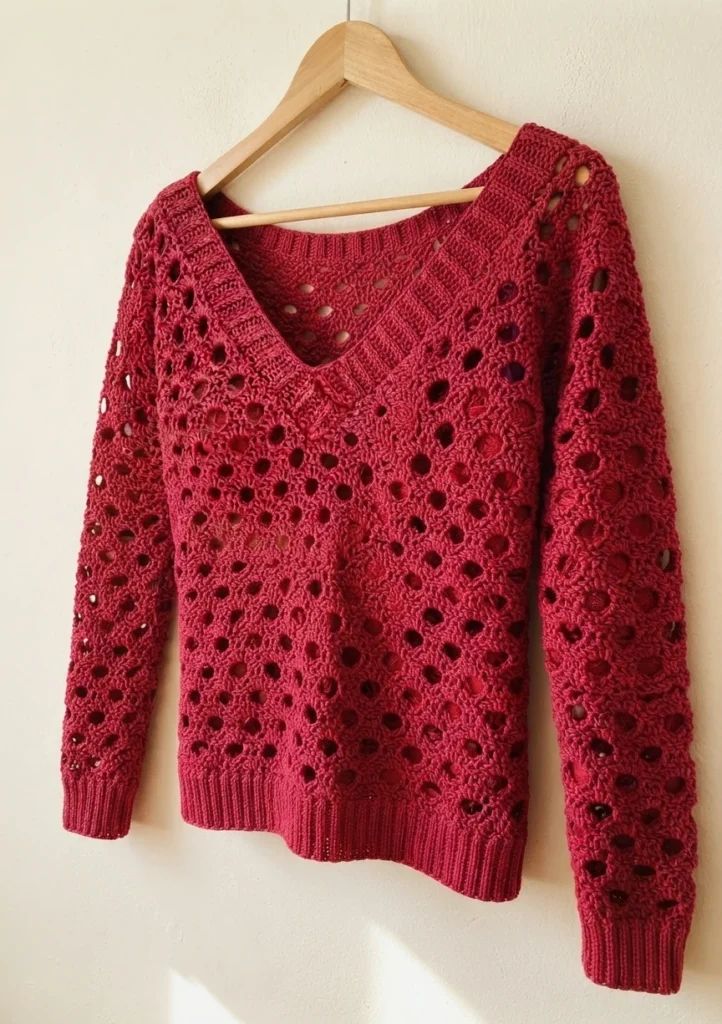 Red crochet V-neck sweater with an open shell stitch pattern, ribbed hem and cuffs, hanging on a wooden hanger against a light wall.