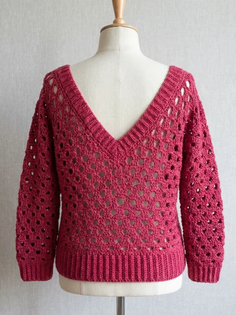 Red openwork V-neck crochet sweater with ribbed hem and cuffs displayed on a dress form