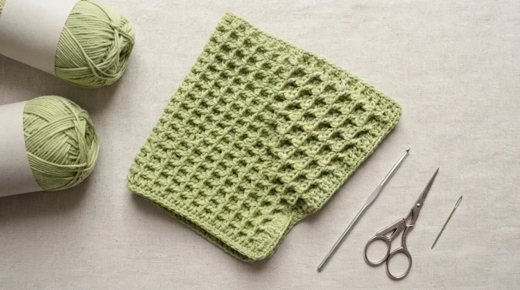 Light green waffle stitch crochet towel beside two balls of light green yarn, a crochet hook, scissors and a tapestry needle on beige fabric