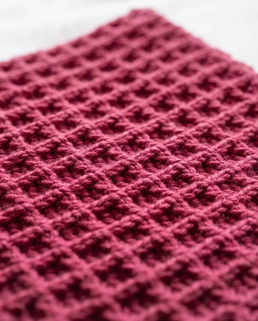 Close-up of a pink crocheted towel with raised waffle stitch texture