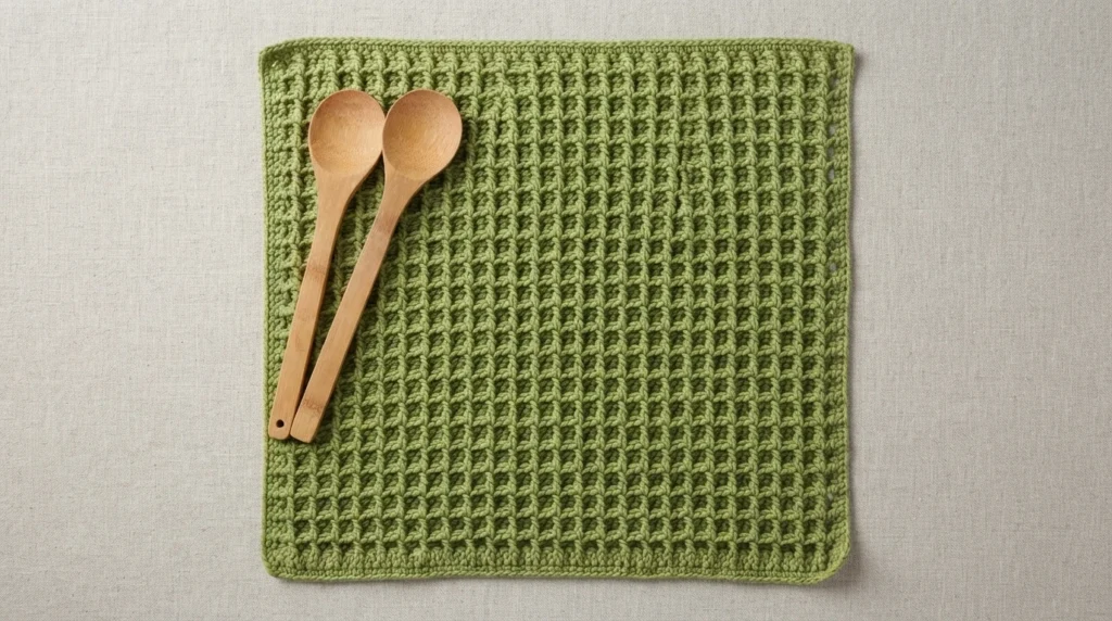 Green waffle stitch crochet towel laid flat on beige linen with two wooden spoons on the left side