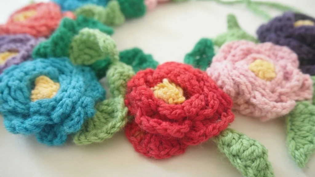 Close-up of colorful crochet roses with yellow centers and green leaves on a white background