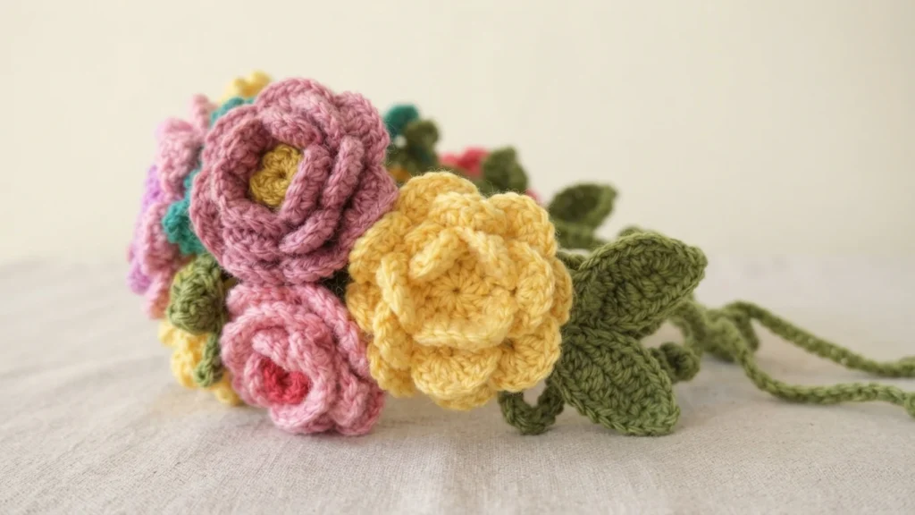 Close-up of a crocheted flower crown with pink and yellow roses and green crochet leaves on a fabric surface.