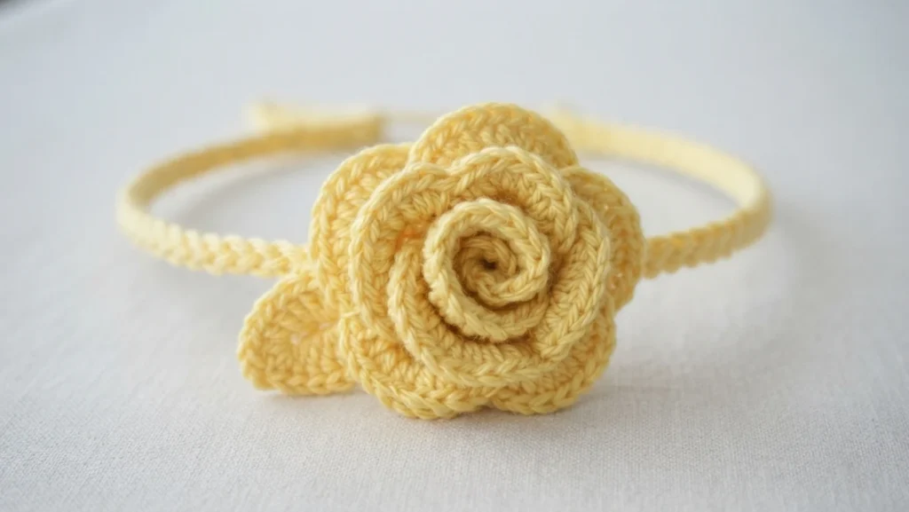 A yellow crocheted rose with a small leaf attached to a matching yellow crochet headband, shown in close up on a white background.