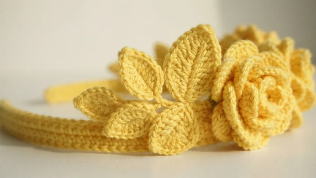 Close-up of a finished yellow crochet flower crown with roses and leaves on a white background