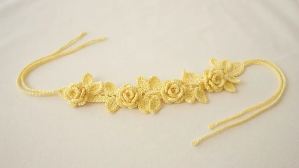 Crocheted yellow rose flower crown with leaves and long tie strings, laid flat on a cream background