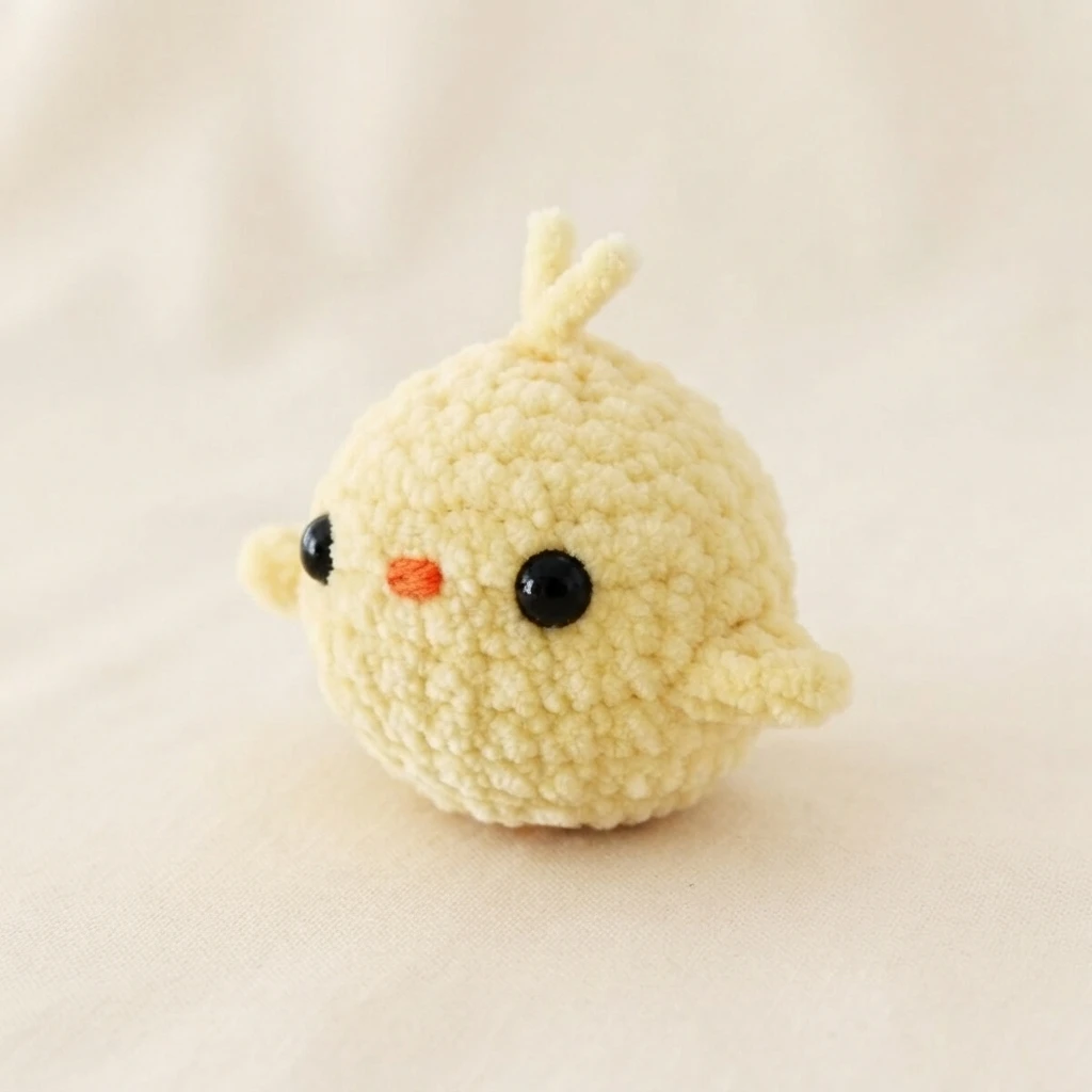 A small yellow crochet chick with black safety eyes and a tiny orange beak, photographed on a soft beige background.