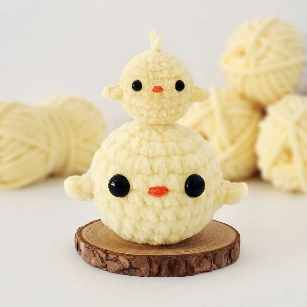 Large yellow crochet chick with a small chick stacked on top, displayed on a wooden slice