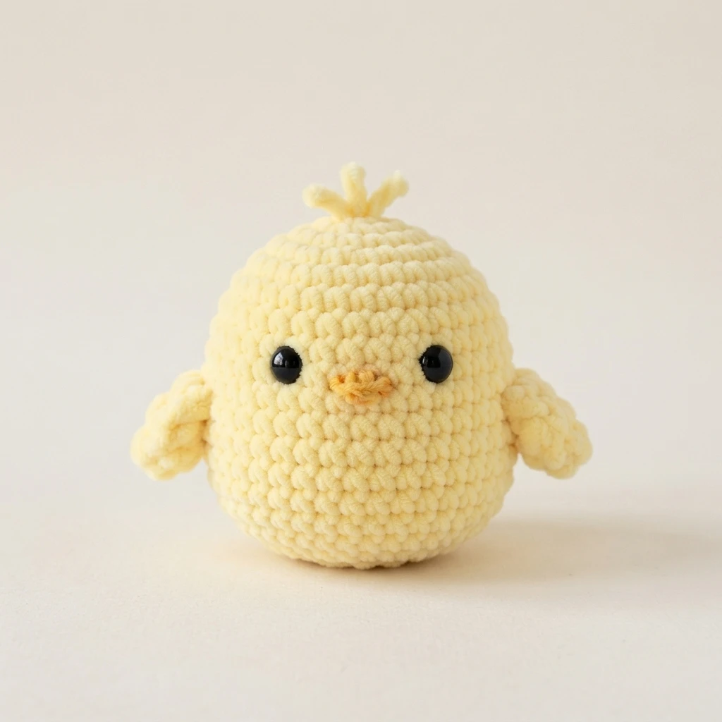 A small pale-yellow crocheted chick with black safety eyes, an orange stitched beak, a tiny head tuft and little wings, standing on a plain light background.
