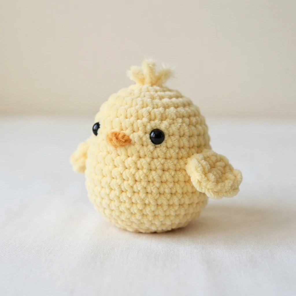 Small pale yellow crochet chick with black safety eyes, stitched orange beak, small wings and a yarn tuft on top of its head, sitting on a light fabric surface.