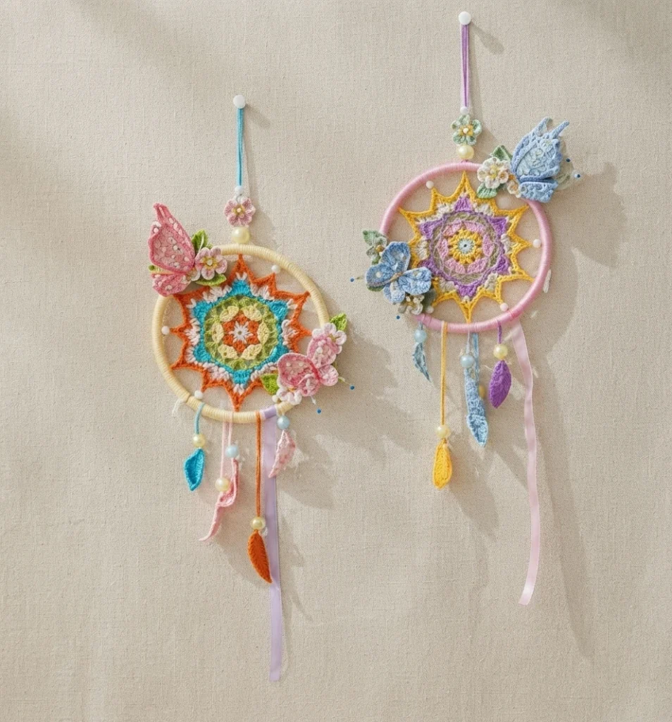 Two crocheted dreamcatchers hanging on a beige wall: on the left a light hoop with a multicolour star mandala, pink butterfly and flower appliques, beaded strands and a crocheted feather in orange, pink and blue; on the right a pink hoop wi