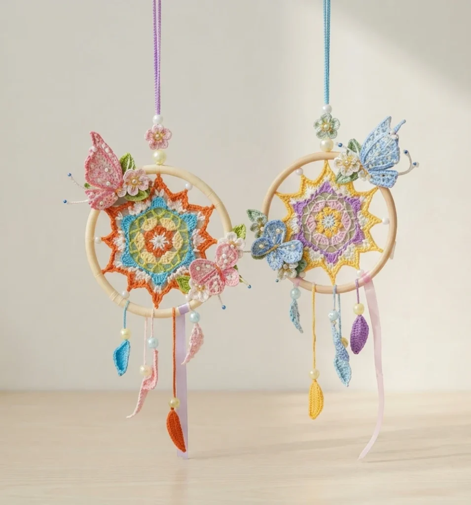 Two finished crocheted dreamcatchers hanging side by side, each with a round hoop holding a colorful flower mandala center, crocheted butterflies and small flowers attached at the top, and beaded leaf tassels with ribbon strands dangling be