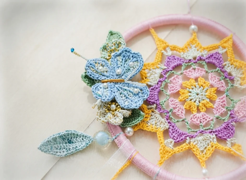 Close-up of a crocheted dreamcatcher with a pink wrapped hoop, a yellow, purple, pink, green and white mandala, a blue crocheted butterfly with pearl beads, green leaves, a teal leaf shape and hanging ribbons.