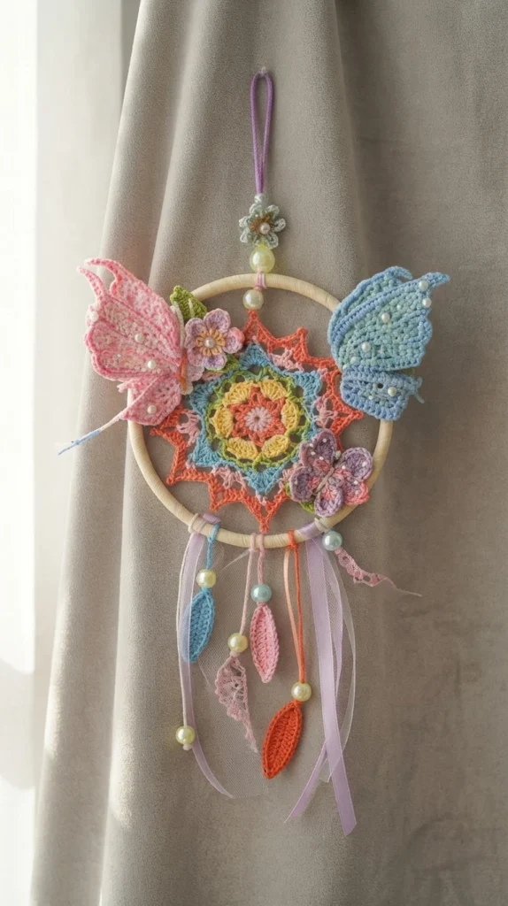 Crocheted dreamcatcher hanging against a beige curtain, with a light wooden hoop framing a rainbow flower mandala bordered by orange star petals, a pink butterfly and a blue butterfly with pearl beads, small purple flowers, and pastel tulle