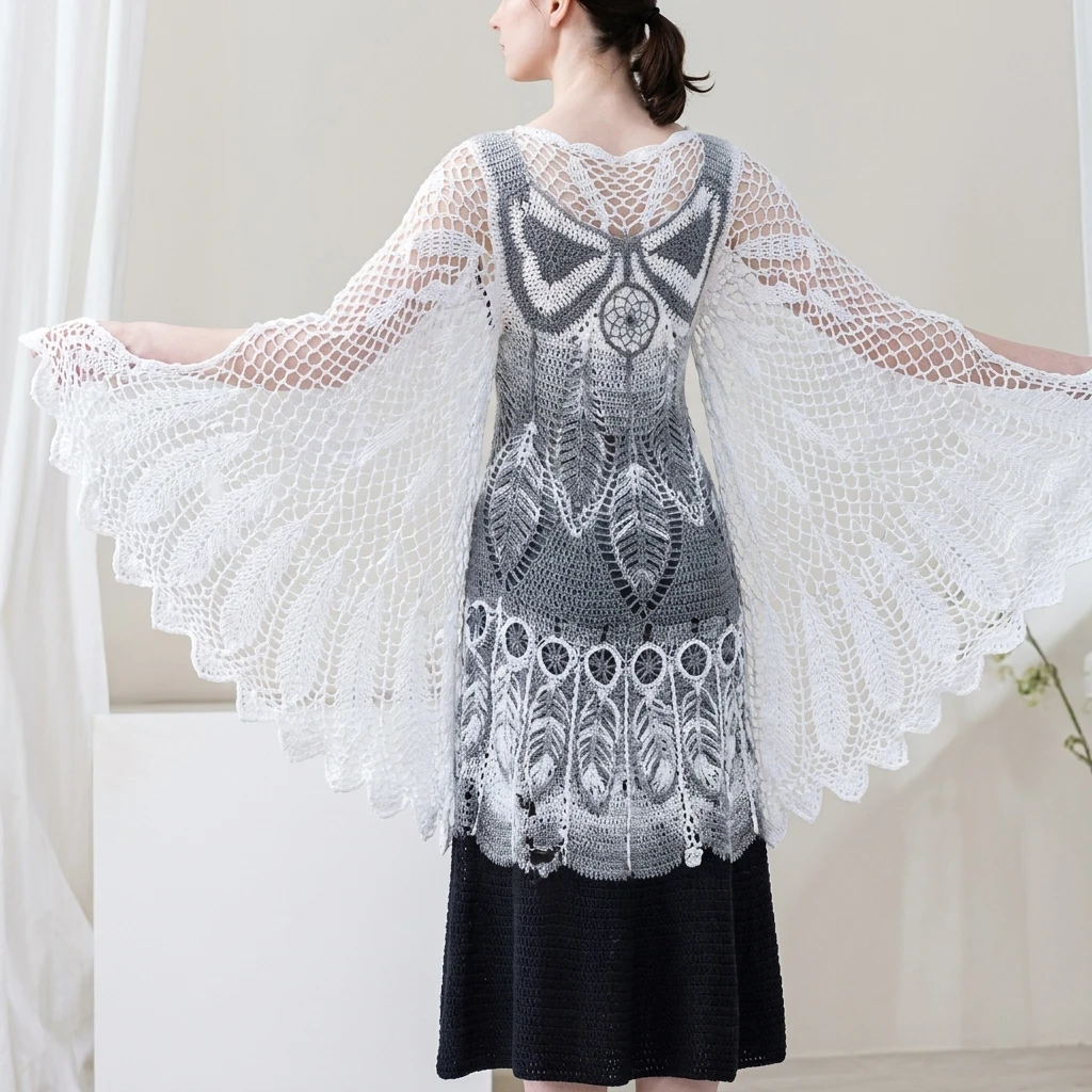 Woman seen from behind with arms outstretched, wearing a grey and white crocheted lace wrap with dreamcatcher and feather motifs over a black skirt.
