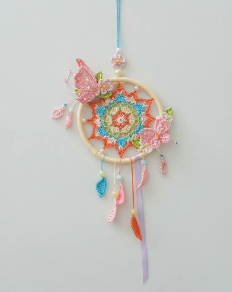 Crocheted dreamcatcher hanging on a wall, with a star-shaped mandala center in orange, turquoise and cream, two pink crocheted butterflies, a wooden hoop and dangling beaded tassels with a lavender ribbon.
