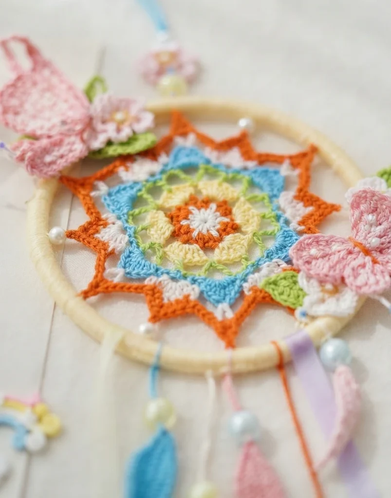 Close-up of a crocheted dreamcatcher on a pale wooden hoop: a multicolored star mandala in orange, blue, yellow and green around a white flower center, decorated with pink crocheted butterflies, small flowers, pearl beads and hanging leaves