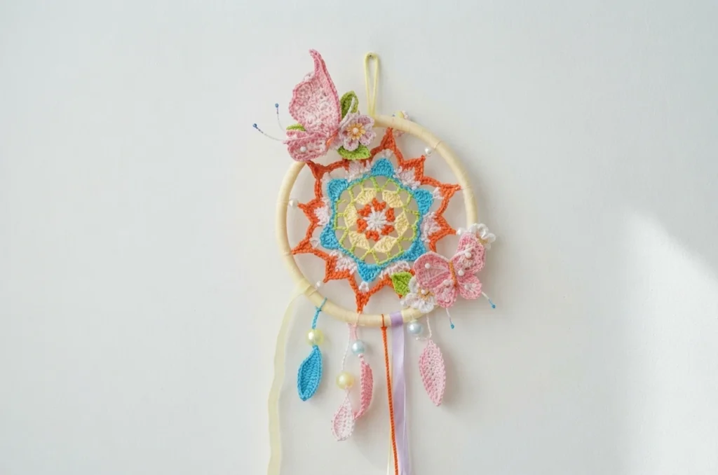 Crocheted dreamcatcher on a wooden hoop hanging on a plain light wall, with a pink crocheted butterfly and small flower at the top, a star shaped mandala center in yellow, white, blue and orange, and beaded leaf charms dangling below.
