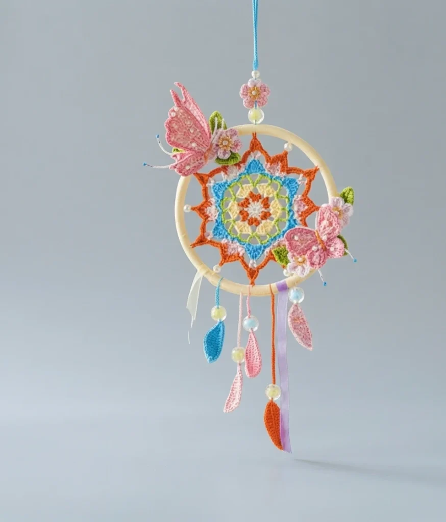 Crocheted dreamcatcher hanging from a blue cord, featuring a wooden ring, an orange star shaped border, a blue, yellow and green mandala style center, pink crocheted butterflies, small flowers, beads and dangling tassels with ribbons.