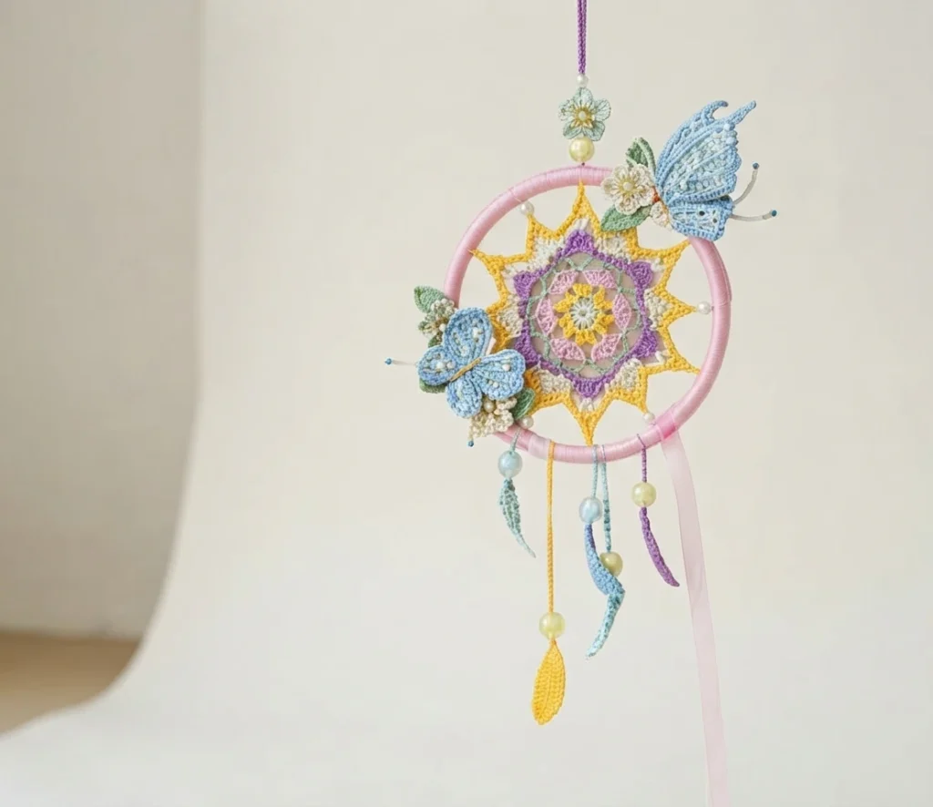 Crocheted dreamcatcher hanging from a cord: a pink hoop holding a yellow star shaped mandala with a purple, lilac and yellow center, two blue crocheted butterflies, small white flowers, beads, and dangling leaf, tassel and ribbon ornaments,