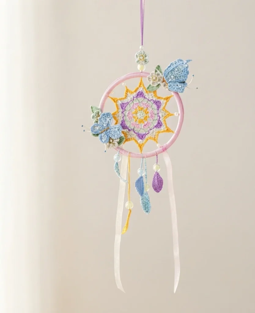 Crocheted pink hoop dreamcatcher with a yellow sunburst mandala center in purple, pink and white, two blue crocheted butterflies with beaded antennae, and hanging crocheted leaves in blue, purple and yellow with pearls and ribbons.