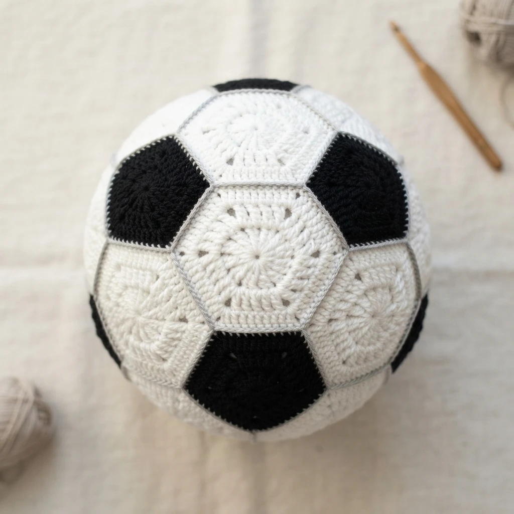Crochet soccer ball with black pentagons and white hexagons beside a crochet hook and yarn.
