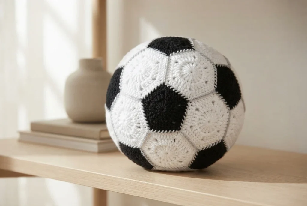 Finished crochet soccer ball with black pentagons and white hexagons resting on a wooden shelf.