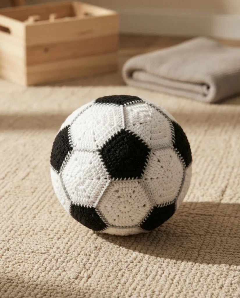 Crocheted black and white soccer ball with visible gray seams resting on a beige rug, with a blurred wooden crate and folded blanket in the background.